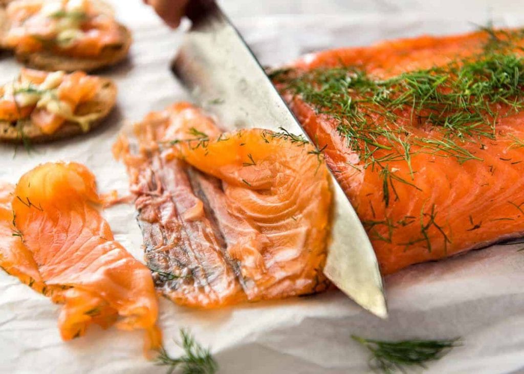Cured Salmon Gravlax Recipe: Fast & Crazy Easy 2 Cutting Salmon Gravlax at 45 degree angle