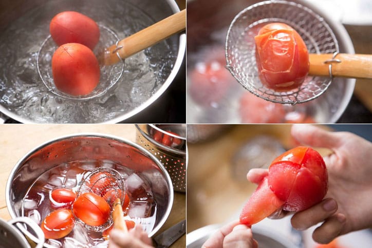 Rezept für Tomatensuppe – Die Tomatenschalen kurz blanchieren, damit sie sich leicht schälen lassen