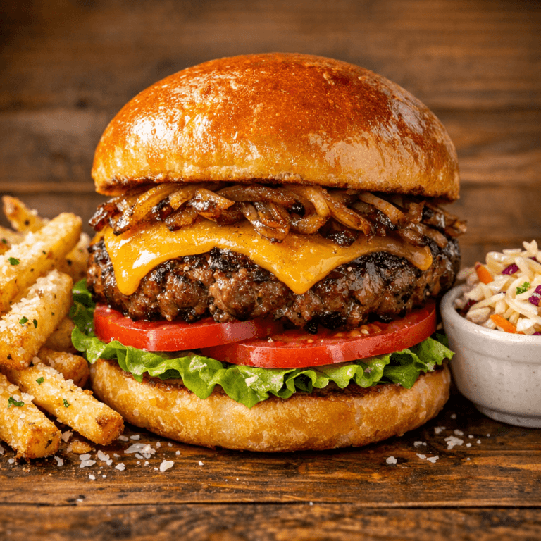 Sıcak bir hamburger, üzerinde cheddar peyniri, karamelize soğan, domates ve marul ile birlikte, yanında patates kızartması ve salata